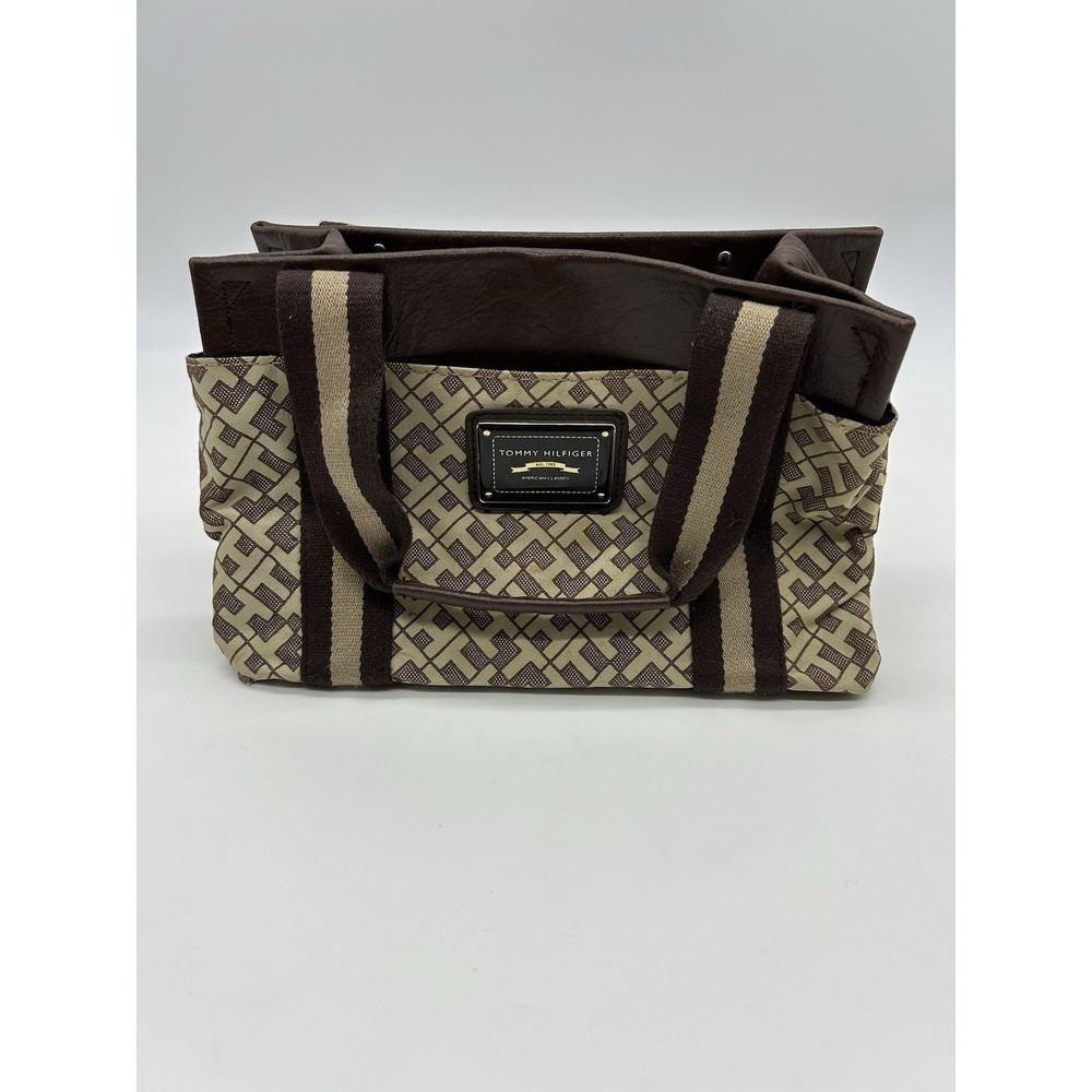 Tommy Hilfiger American Classics Monogram Satchel Handbag Canvas Brown Tote